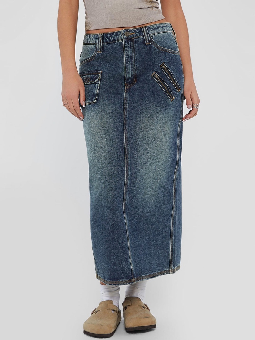 New Guess Blue Denim Midi Skirt SZ 29